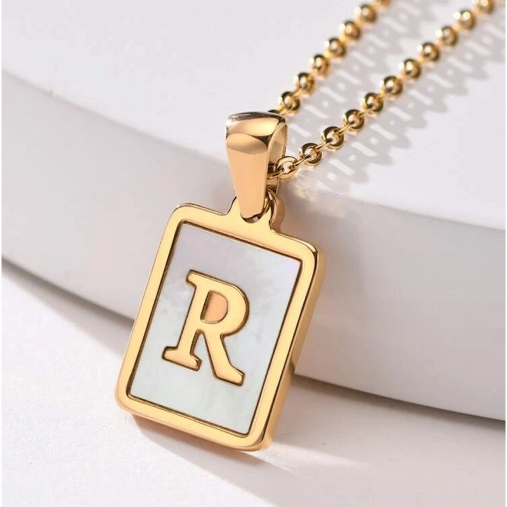 NWT 18k gold plated stainless steel initials mother of pearl necklace 18”